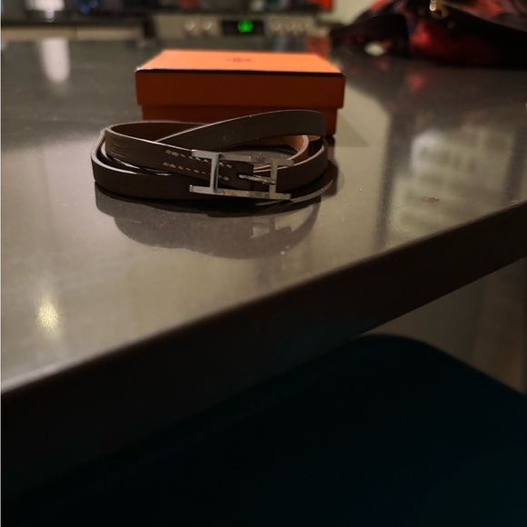 Hermes Men’s Brown Leather Belt Behalpi Bracelet with Silver Buckle - Picture 4 of 11